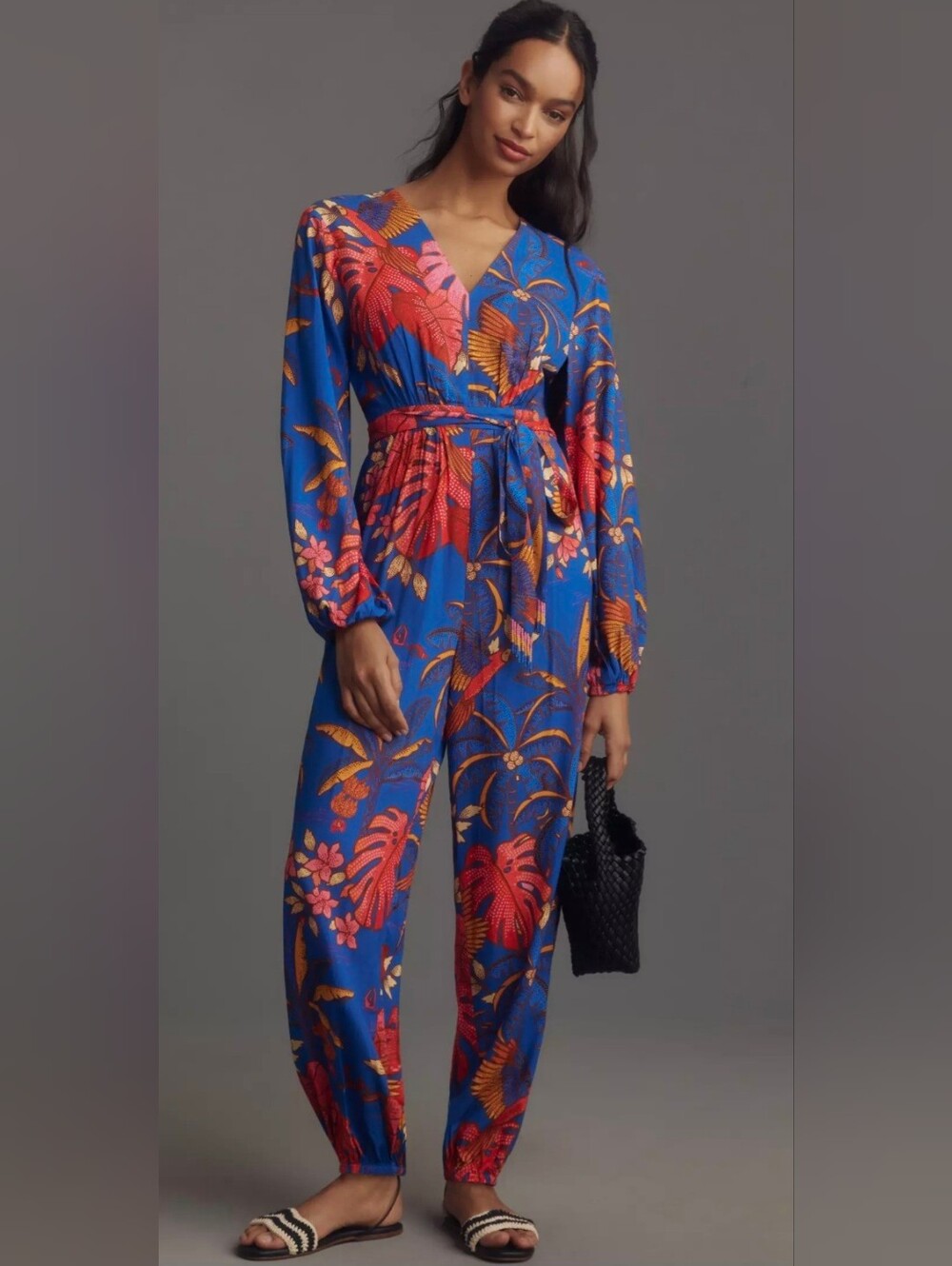 FARM Rio Blue Tropical Floral Wrap Jumpsuit with Red & Orange Accents XS